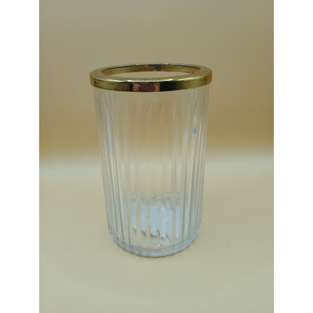 At Home Ribbed Glass Hurricane with Gold Rim, 5" Candle Holder/ Vase